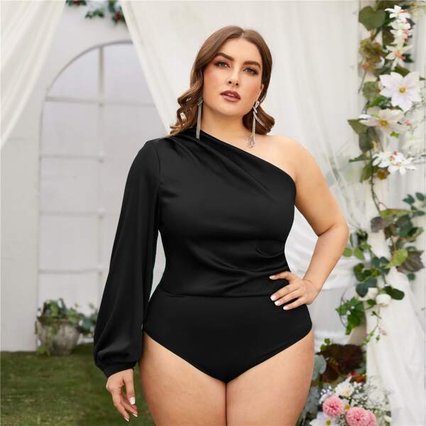 

Plus One Shoulder Pleated Detail Lantern Sleeve Satin Bodysuit, Black