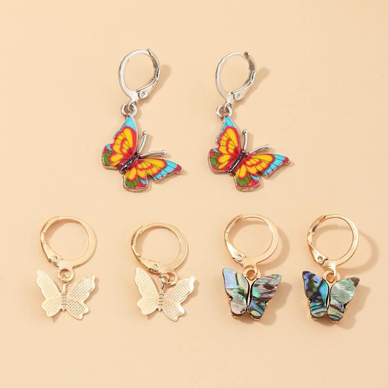 

3pairs Butterfly Decor Hoop Drop Earrings, Multicolor