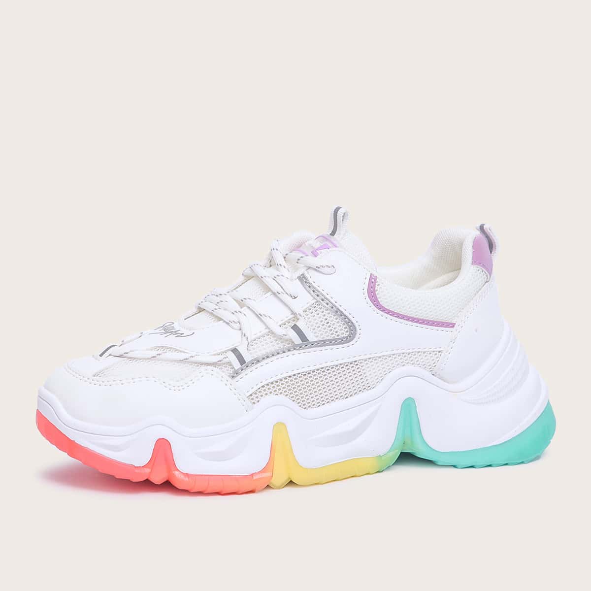 

Lace-up Front Mesh Panel Chunky Sneakers, White