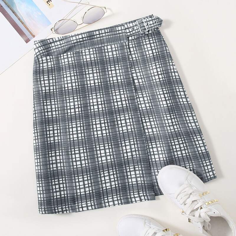 

Plaid Buckle Wrap Skirt, Grey