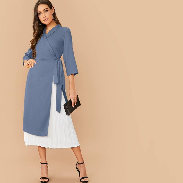

Shawl Collar Wrap Tie Side Pleated Panel Two Tone Dress, Dusty blue