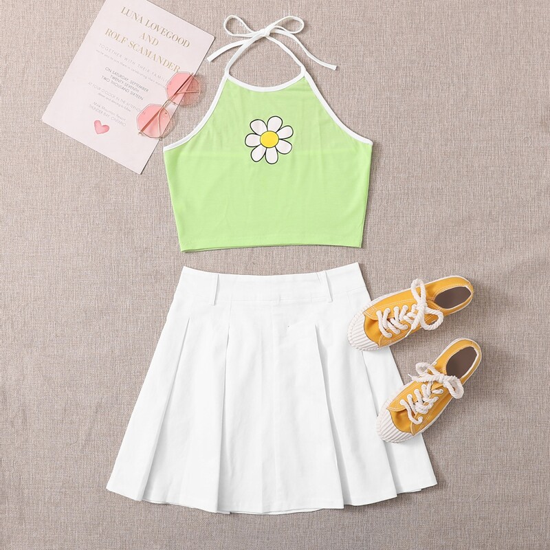 

Flower Print Halter Top & Pleated Skirt, Multicolor