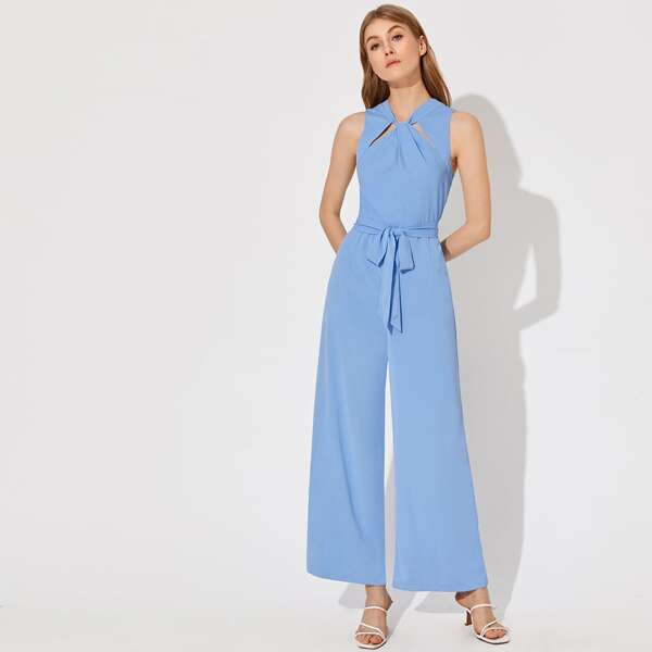 

Cut Out Twist Detail Belted Wide Leg Jumpsuit, Blue pastel