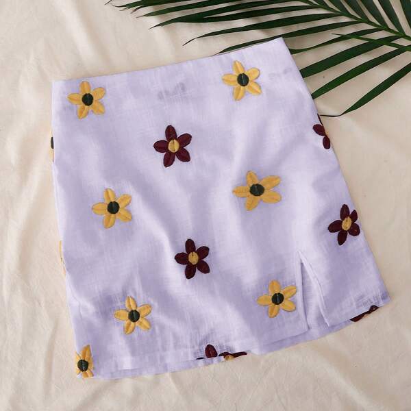 

Zip Back Embroidered Flower Skirt, Lilac purple