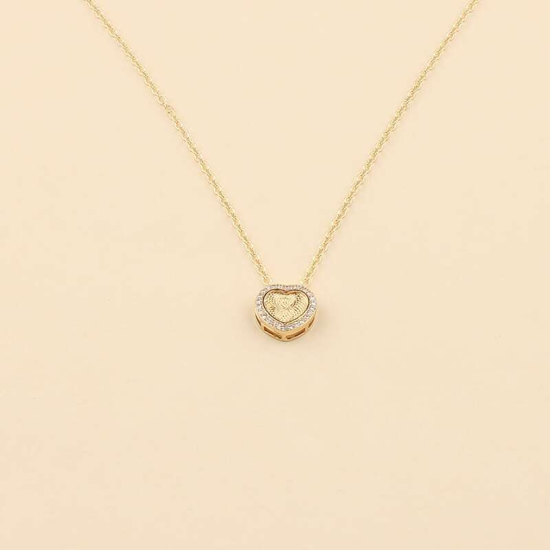 

Rhinestone Engraved Heart Charm Necklace, Gold