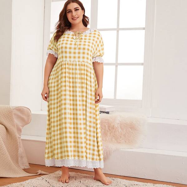 

Plus Tie Neck Schiffy Ruffle Trim Buffalo Plaid Nightdress, Yellow