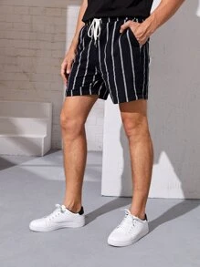 GENTILAND Men Drawstring Waist Slant Pocket Striped Shorts - Black - View 4