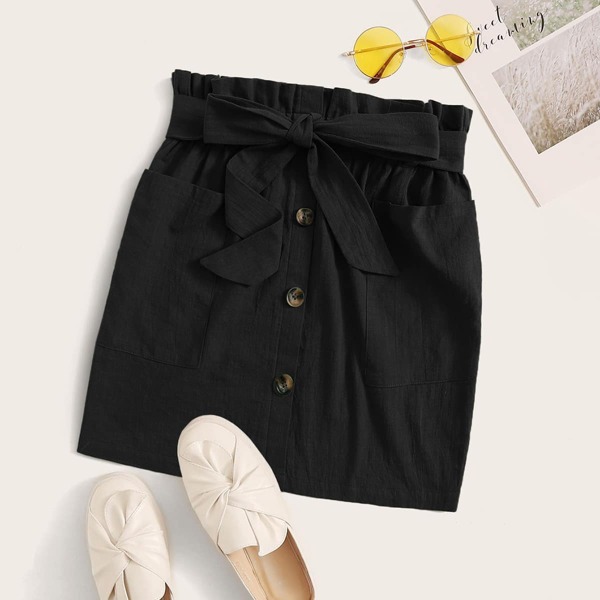 

Paperbag Waist Pocket Patched Belted Skirt, Black