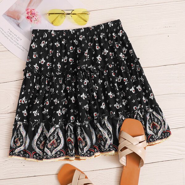 

Ruffle Hem Frill Ditsy Floral Skirt, Black