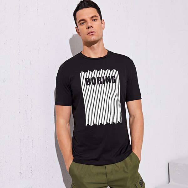 

Men Letter & Striped Print Tee, Black