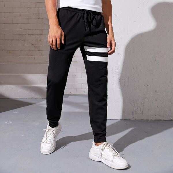 

Men Drawstring Waist Slant Pocket Striped Pants, Black