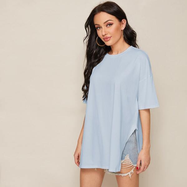 

Drop Shoulder Split Side Longline Oversized Tee, Blue pastel