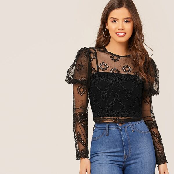

Eyelet Embroidered Sheer Mesh Top Without Camisole, Black
