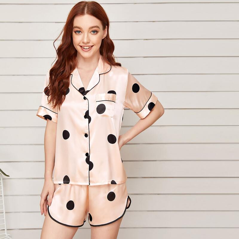 

Polka Dot Print Contrast Binding Satin PJ Set, Pink