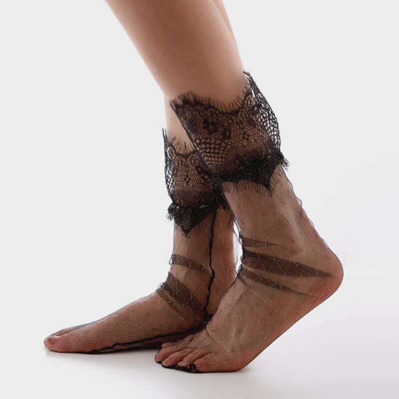 

Lace Trim Hollow Out Socks, Black