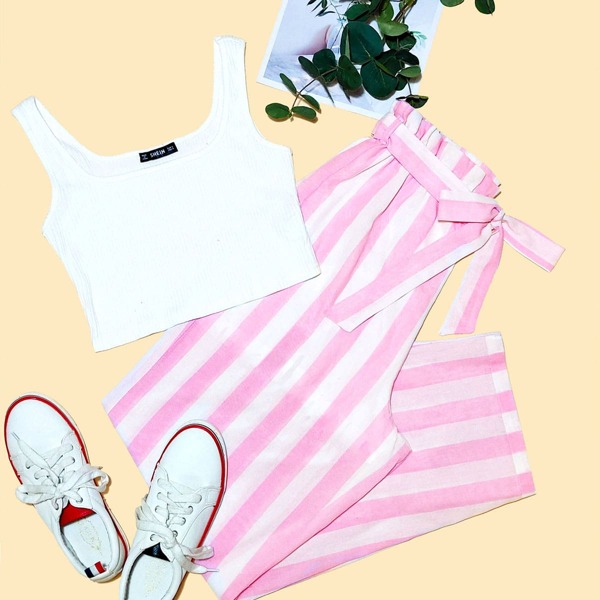 

Rib-knit Tank Top & Paperbag Waist Belted Pants Set, Multicolor