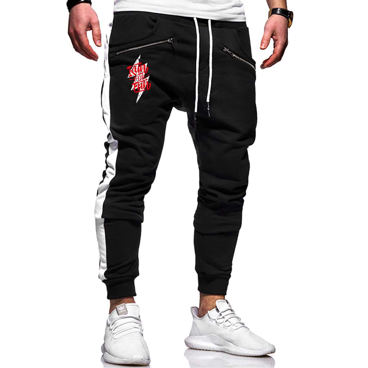 

Guys Contrast Panel Slogan Graphic Zip Detail Sweatpants, Black