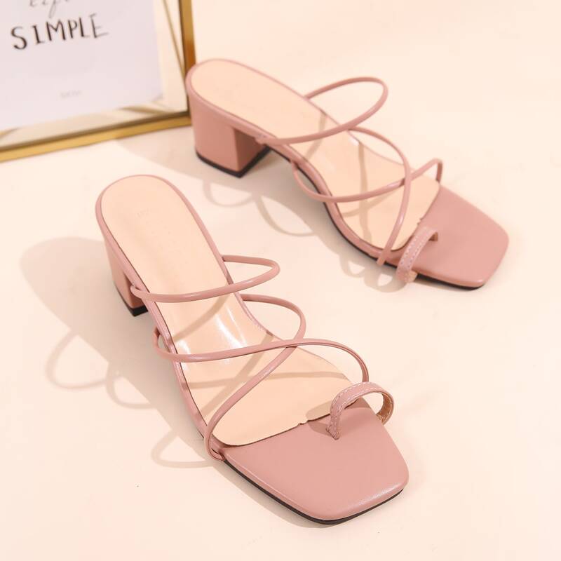 

Toe Loop Strappy Chunky Heeled Mules, Pink
