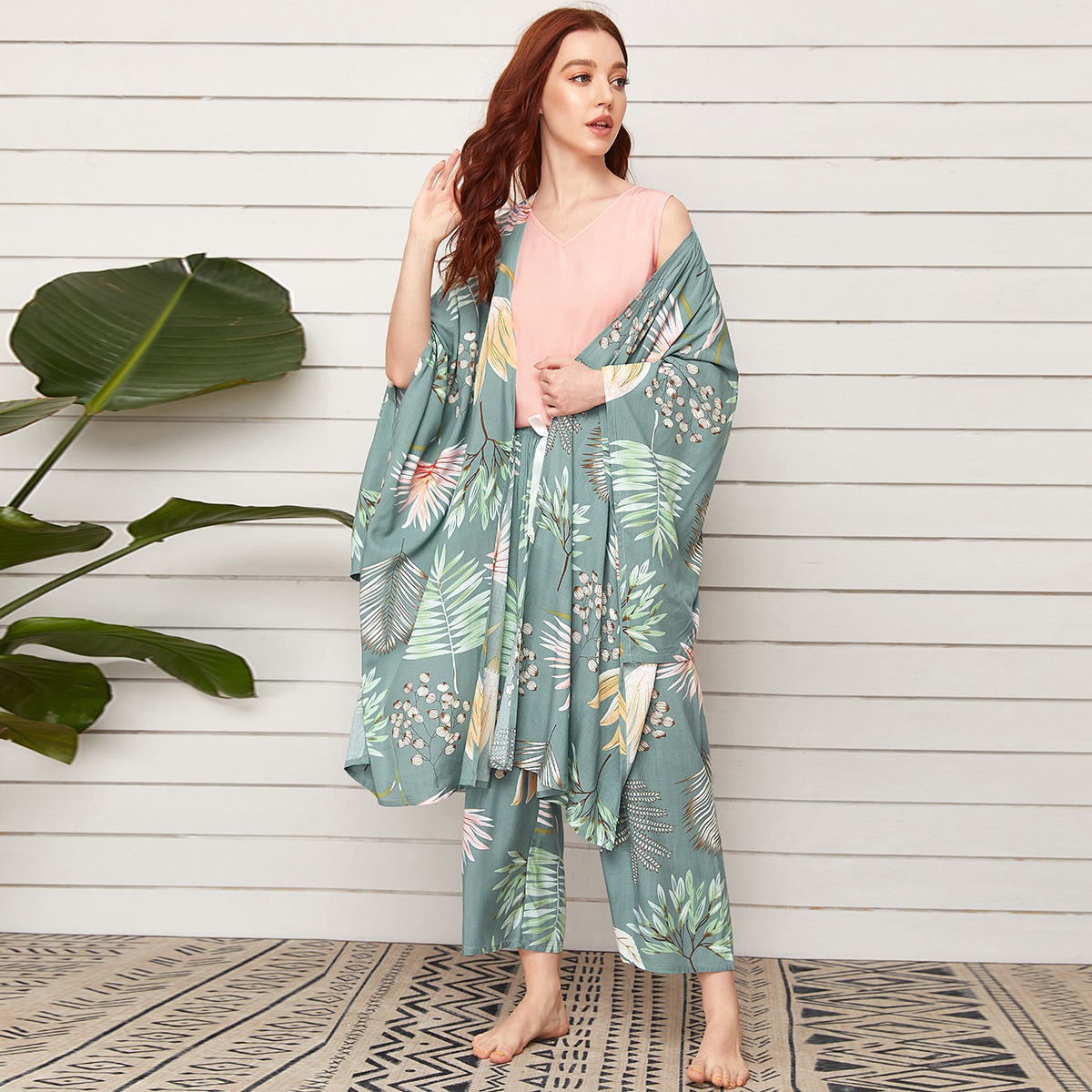 4pcs Large Leaf Print Ribbon Bow PJ Set thumbnail