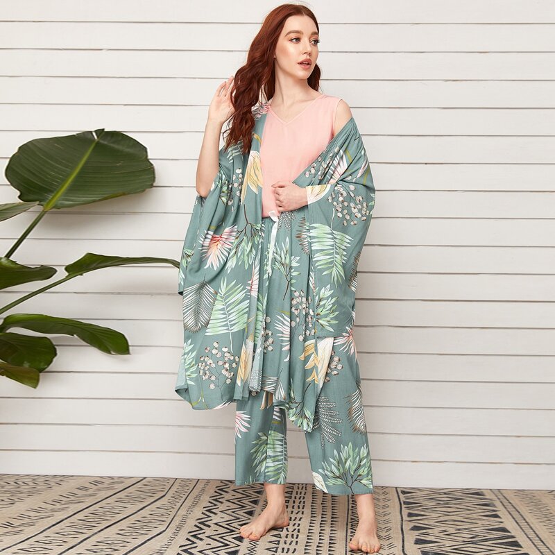 

4pcs Large Leaf Print Ribbon Bow PJ Set, Multicolor