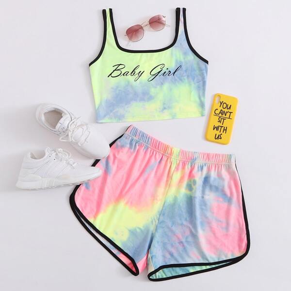 

Letter Graphic Tie Dye Ringer Top and Dolphin Shorts Set, Multicolor
