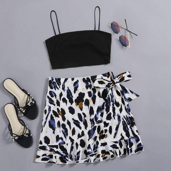

Solid Cami Top & Ruffle Trim Knotted Graphic Print Skirt Set, Multicolor