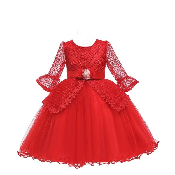 

Girls Contrast Lace Floral Appliques Gown Dress, Red