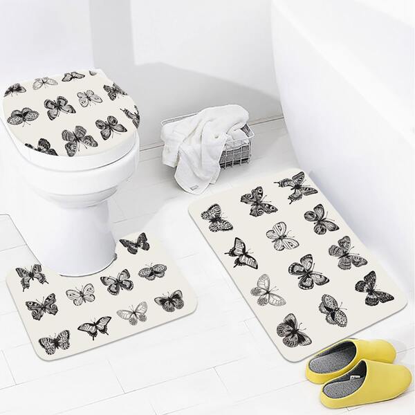 

3pcs Butterfly Print Closestool Mat, Black and white