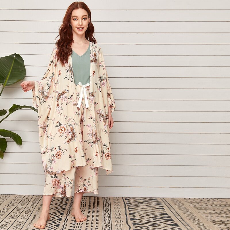 

4pcs Floral Print Tie Front Pajama Set & Robe, Beige
