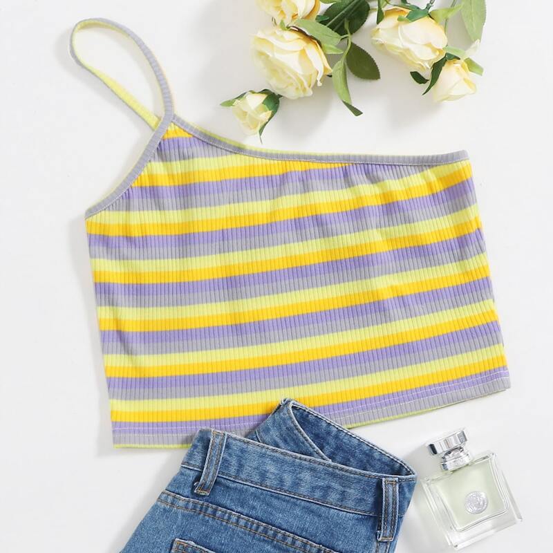 

Striped One Shoulder Ribbed Top, Multicolor