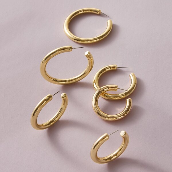

3pairs Plain Metal Hoop Earrings Set, Gold