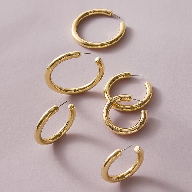 

3pairs Plain Metal Hoop Earrings Set, Gold