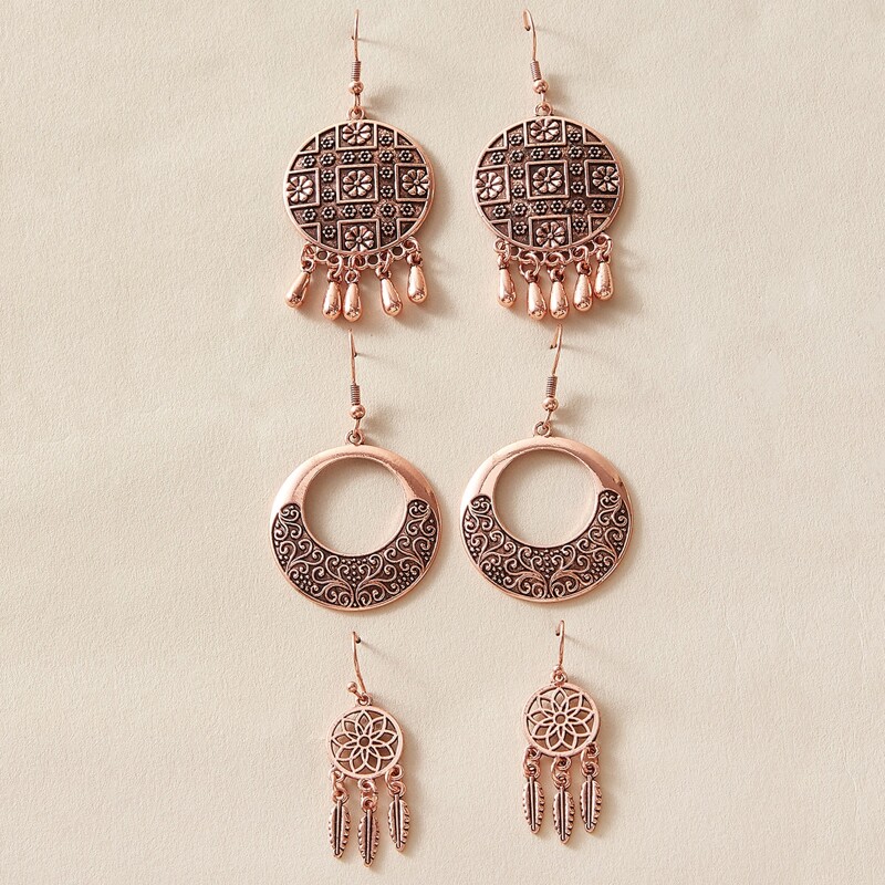 

3pair Bohemian Drop Earrings Set, Gold