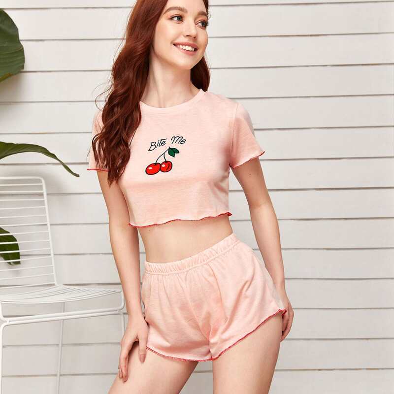 

Cherry & Slogan Graphic Lettuce Trim PJ Set, Pink