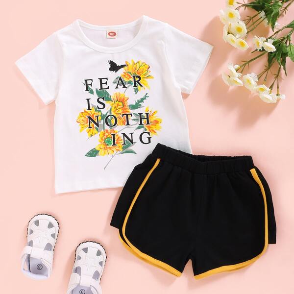 

Baby Girl Floral & Slogan Graphic Tee & Track Shorts, Black and white