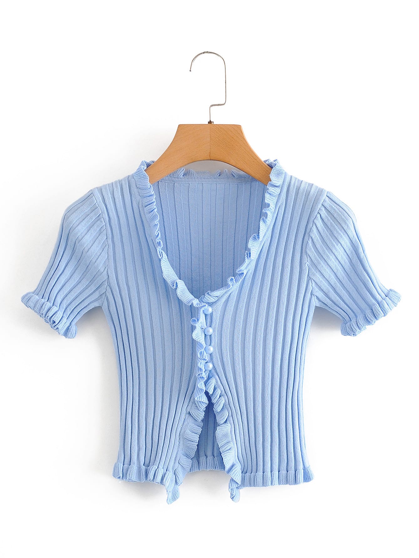 Frill Trim Ribbed Knit Cardigan thumbnail