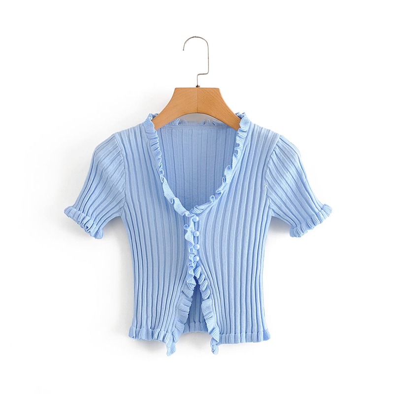 

Frill Trim Ribbed Knit Cardigan, Blue
