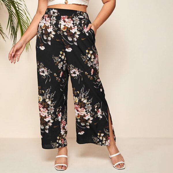 

Plus Floral Split Side Wide Leg Pants, Black