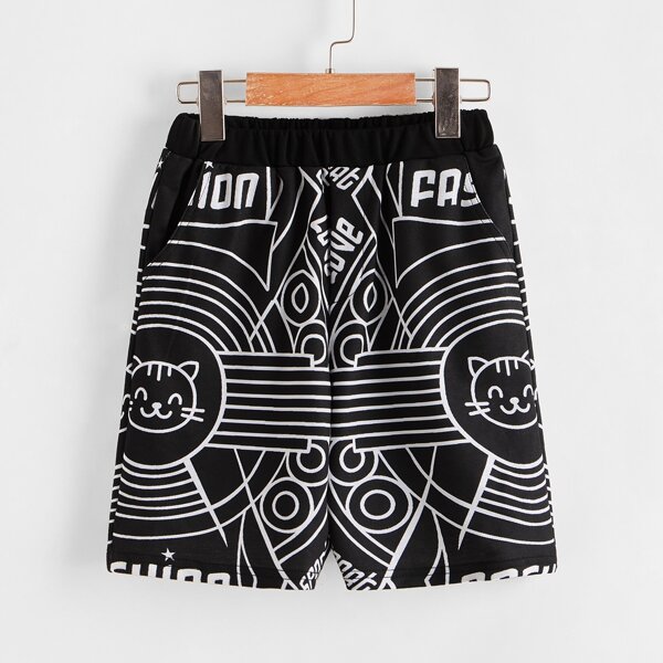 

Boys Letter and Cartoon Graphic Track Shorts, Black