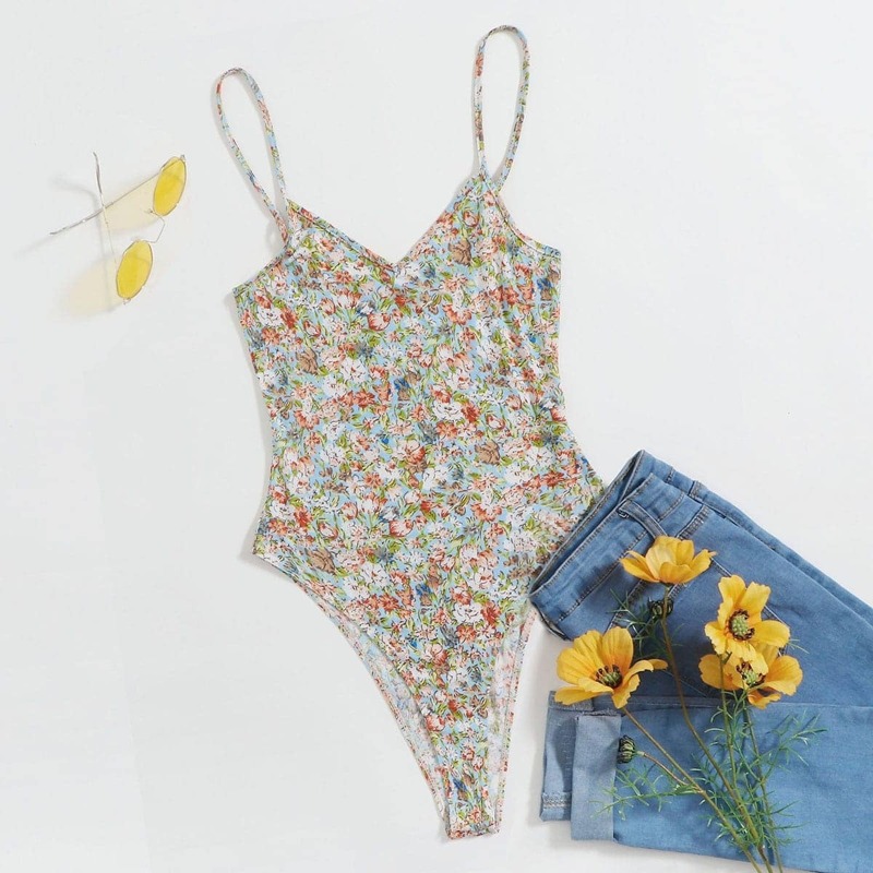 

Floral Print High Cut Slip Bodysuit, Multicolor