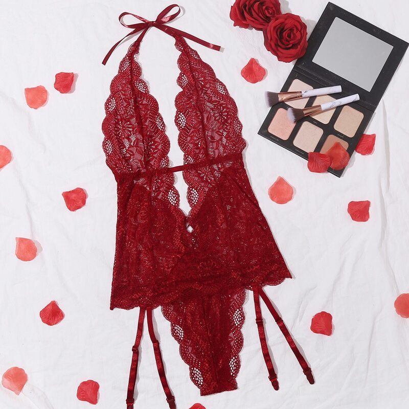 

Floral Lace Garter Halter Teddy Bodysuit, Red
