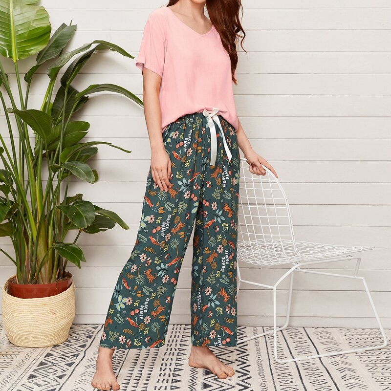 

Leaf & Floral Print Ribbon Bow PJ Set, Multicolor