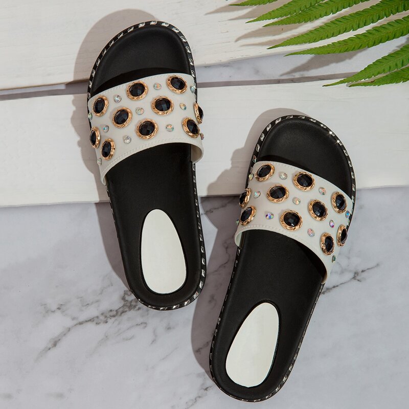 

Rhinestone Decor Wide Fit Sliders, White