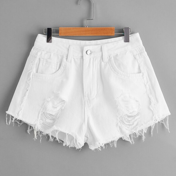 

Ripped Raw Hem Denim Shorts, White