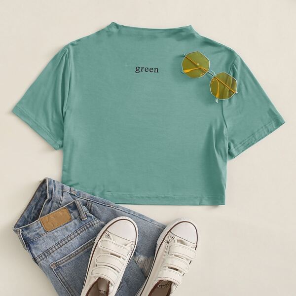 

Letter Graphic Funnel Neck Crop Tee, Green