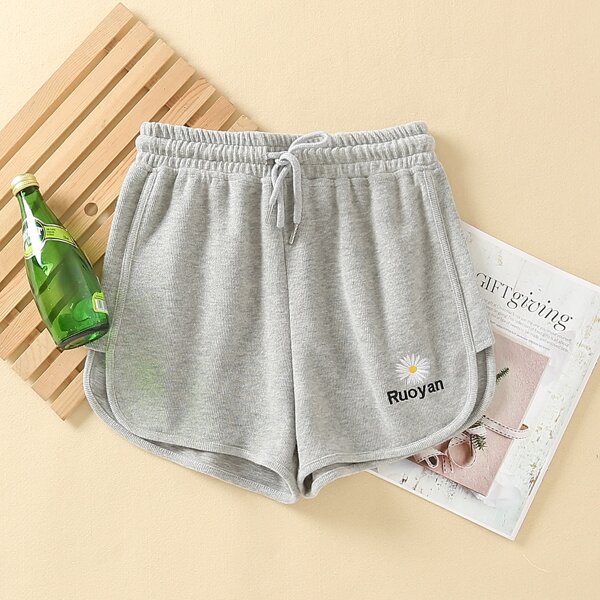 

Daisy Floral & Letter Embroidery Drawstring Waist Dolphin Shorts, Grey