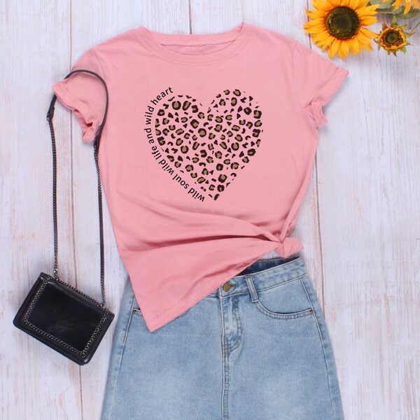 

Plus Slogan & Leopard Print Tee, Pink