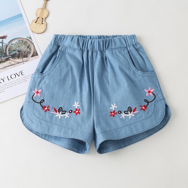 

Toddler Girls Floral Embroidery Denim Shorts, Blue pastel