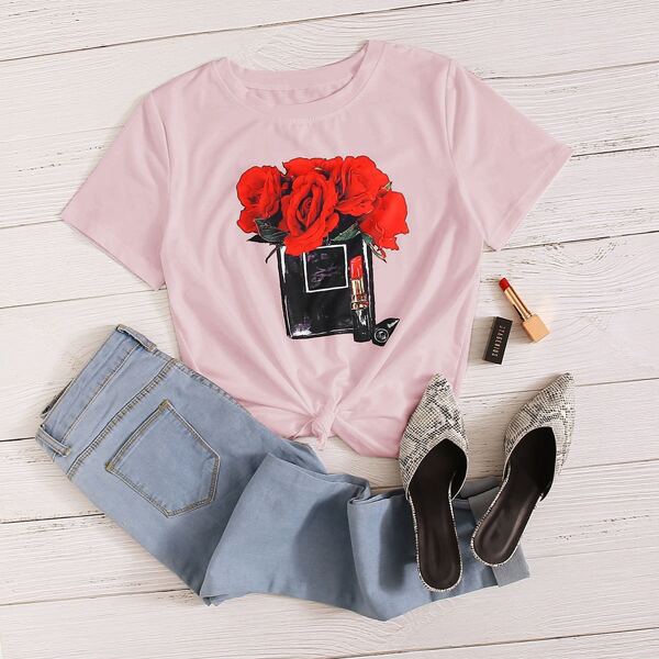 

Floral & Lipstick Print Short Sleeve Tee, Pink