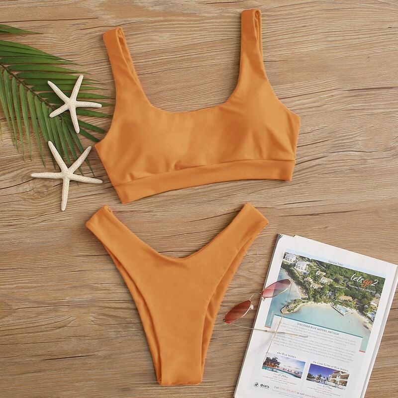 

Plain High Leg Bikini Swimsuit, Orange